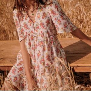 Sezane Melinda Jardin Floral Mini Babydoll Dress FR 40 US 8 Button Front V-neck